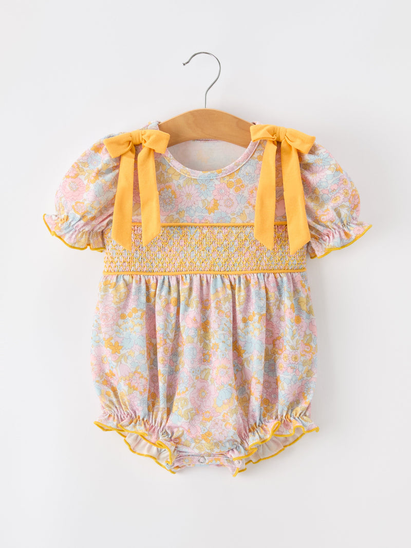 Yellow Bow Smocked Floral Baby Bubble - 1