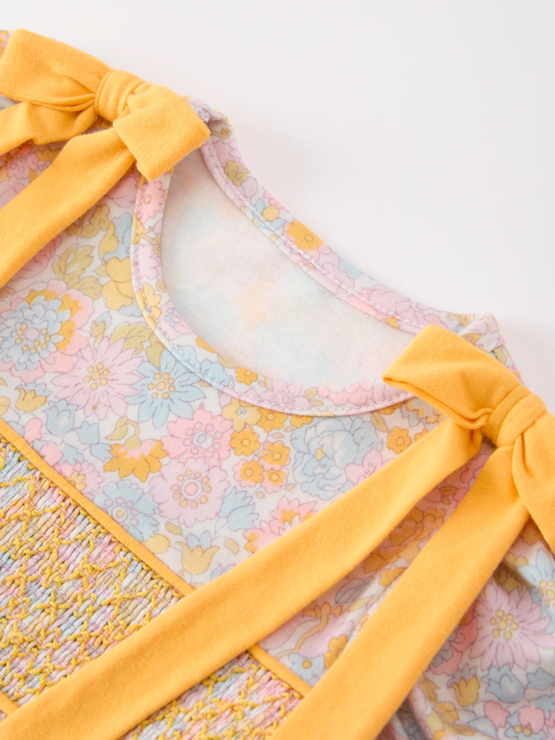 Yellow Bow Smocked Floral Baby Bubble - 3