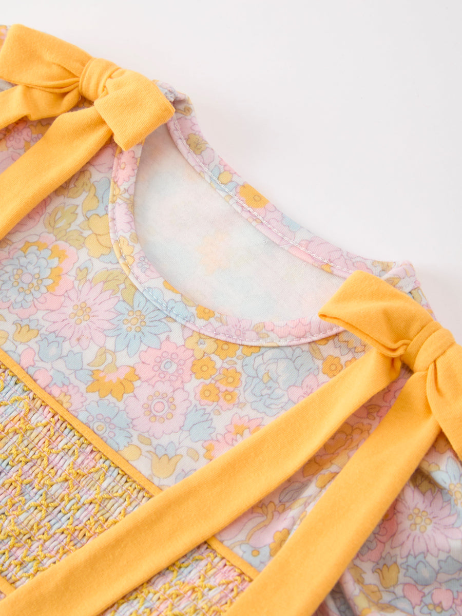 Yellow Bow Smocked Floral Baby Bubble
