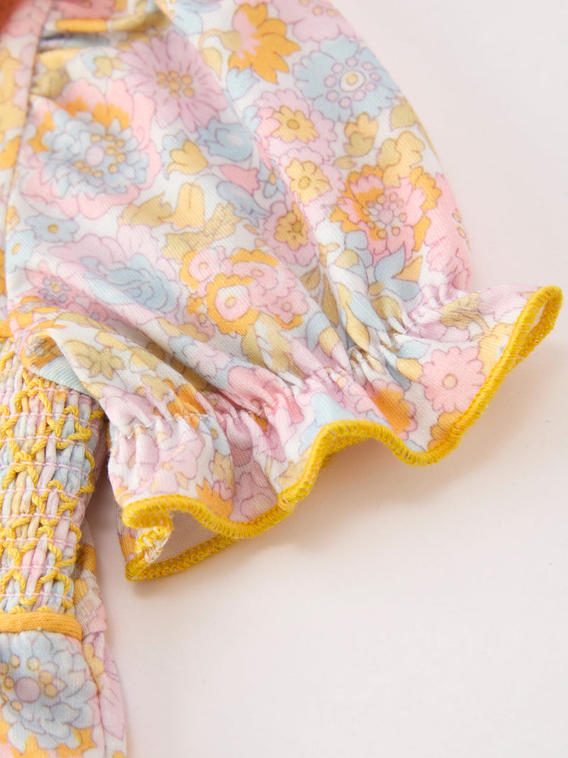 Yellow Bow Smocked Floral Baby Bubble - 4