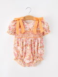 Peach Bow Smocked Floral Baby Bubble - 6