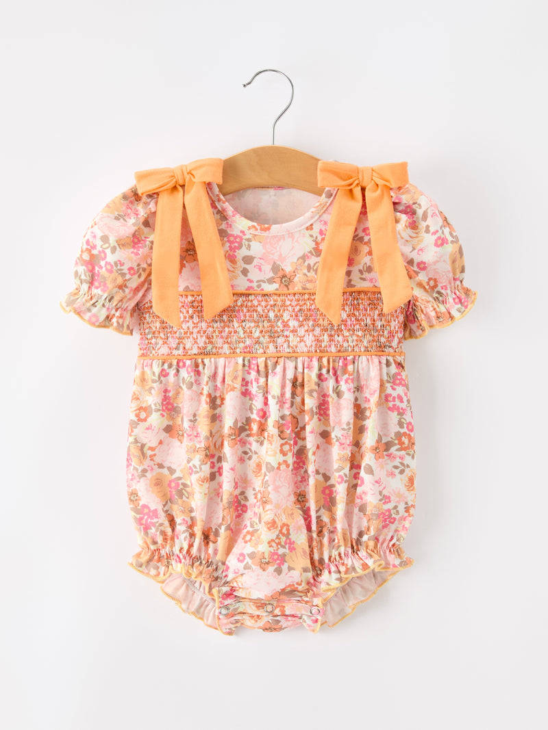 Peach Bow Smocked Floral Baby Bubble - 6