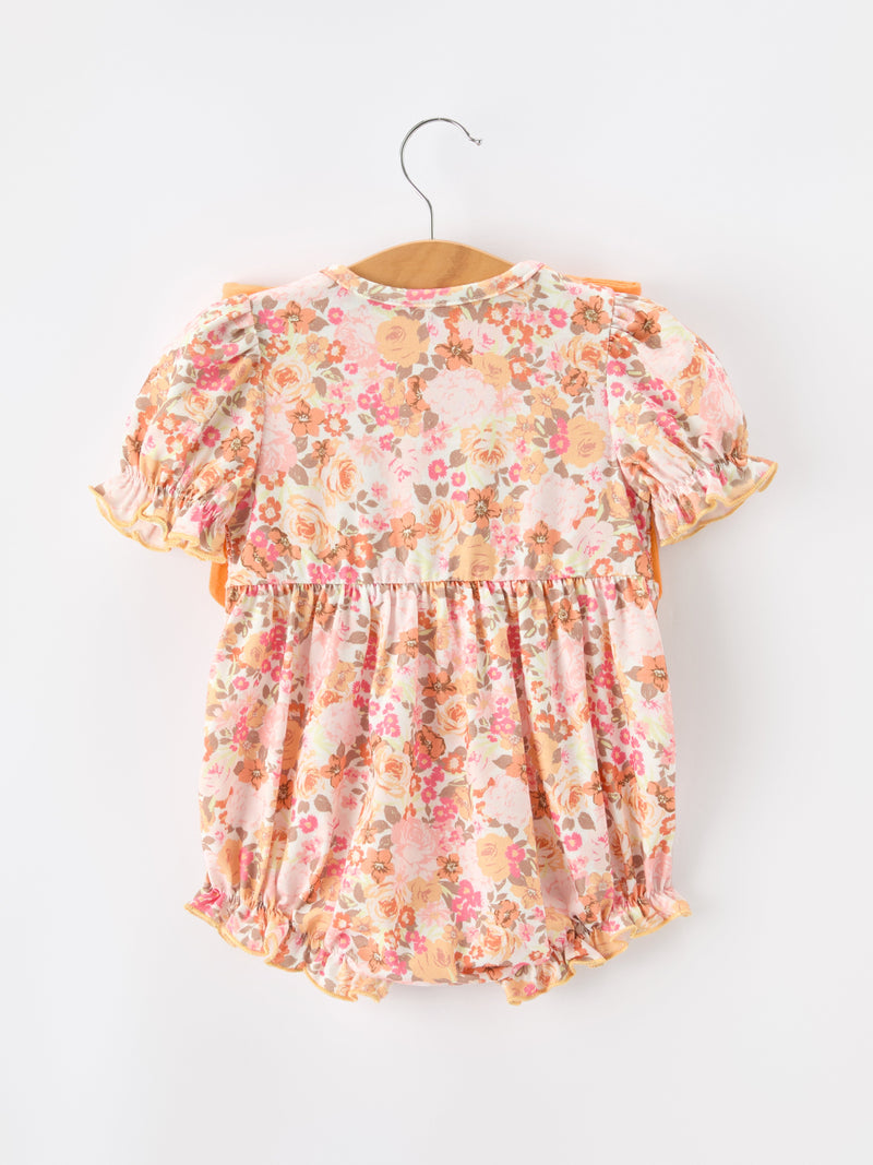 Peach Bow Smocked Floral Baby Bubble - 7