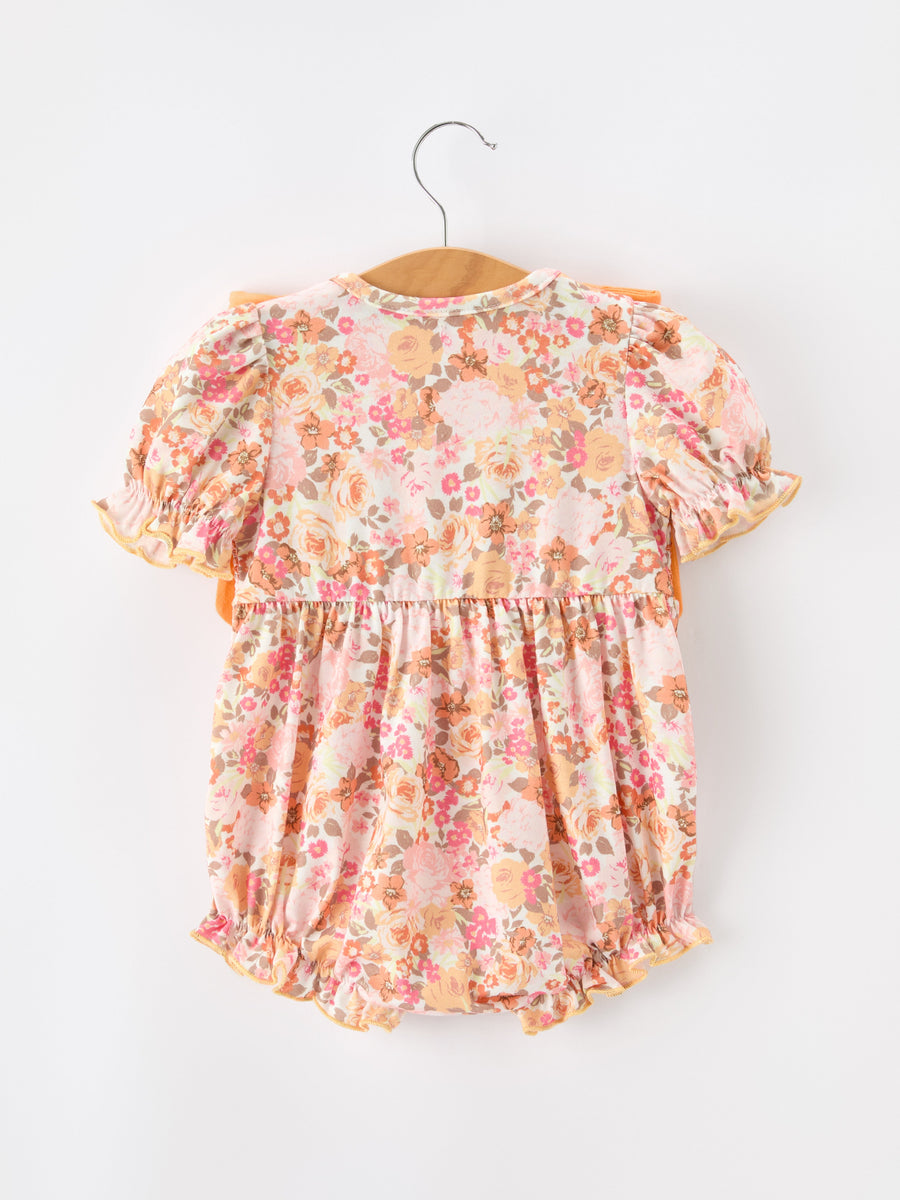 Peach Bow Smocked Floral Baby Bubble