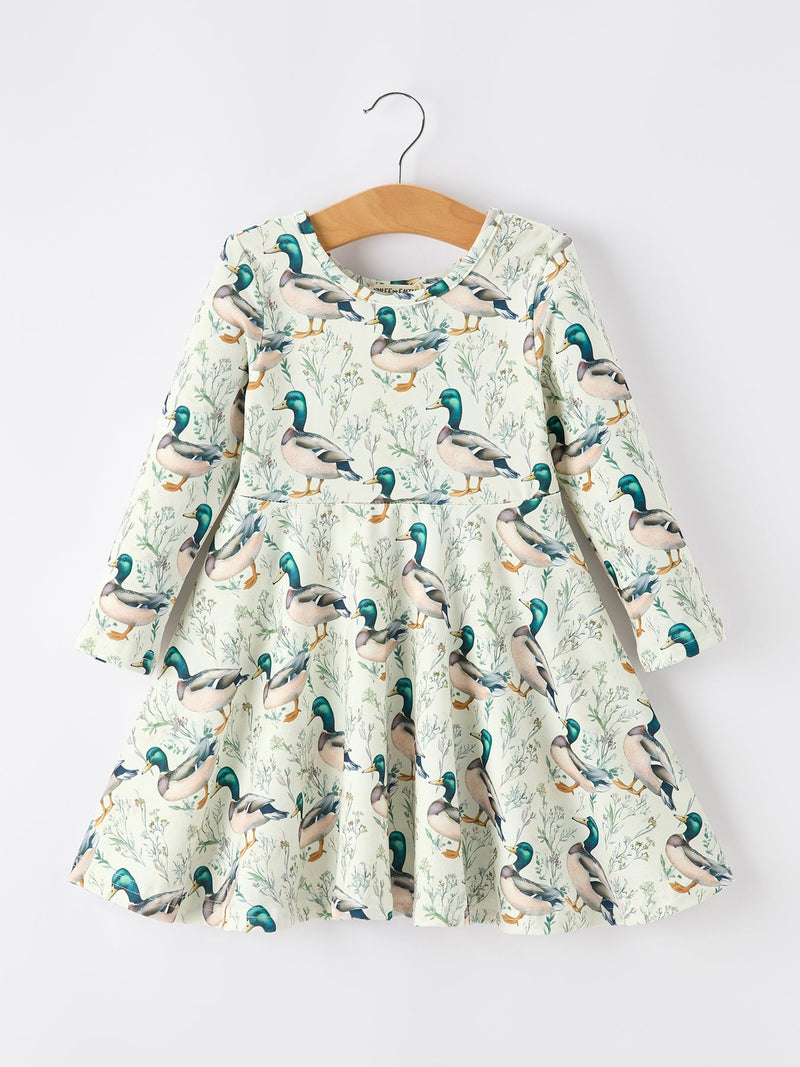 Girls Duck Print Dress Long Sleeve Twirl Dress - 1
