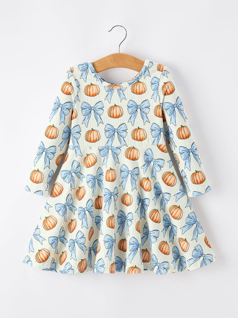 Halloween Thanksgiving Pumpkin Bow Girls Dress Long Sleeve - 2