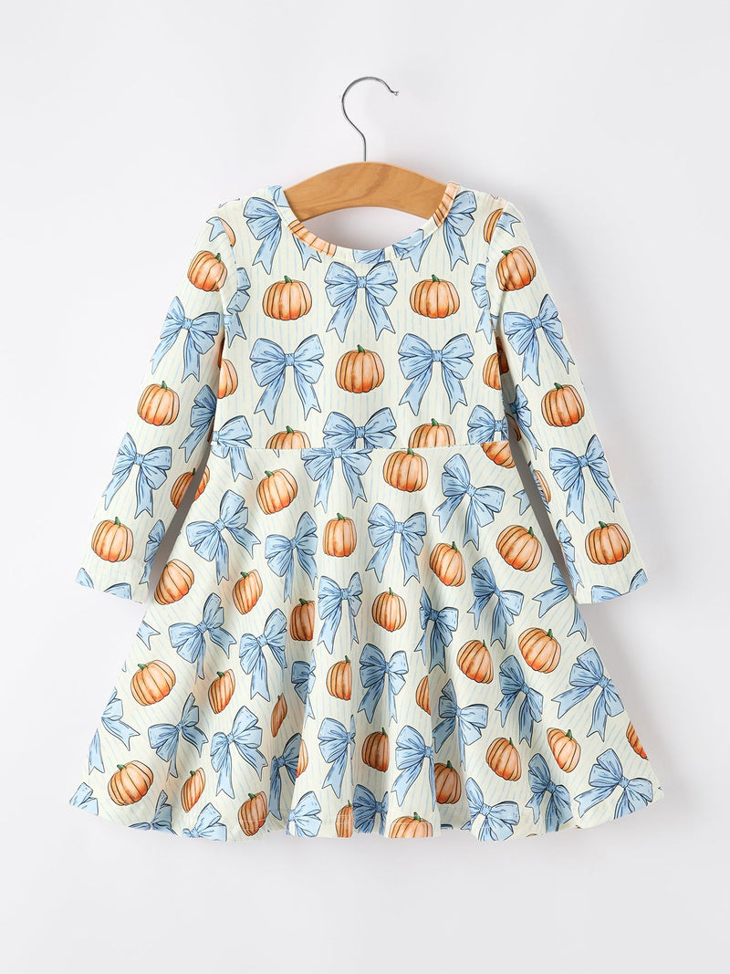 Halloween Thanksgiving Pumpkin Bow Girls Dress Long Sleeve - 1