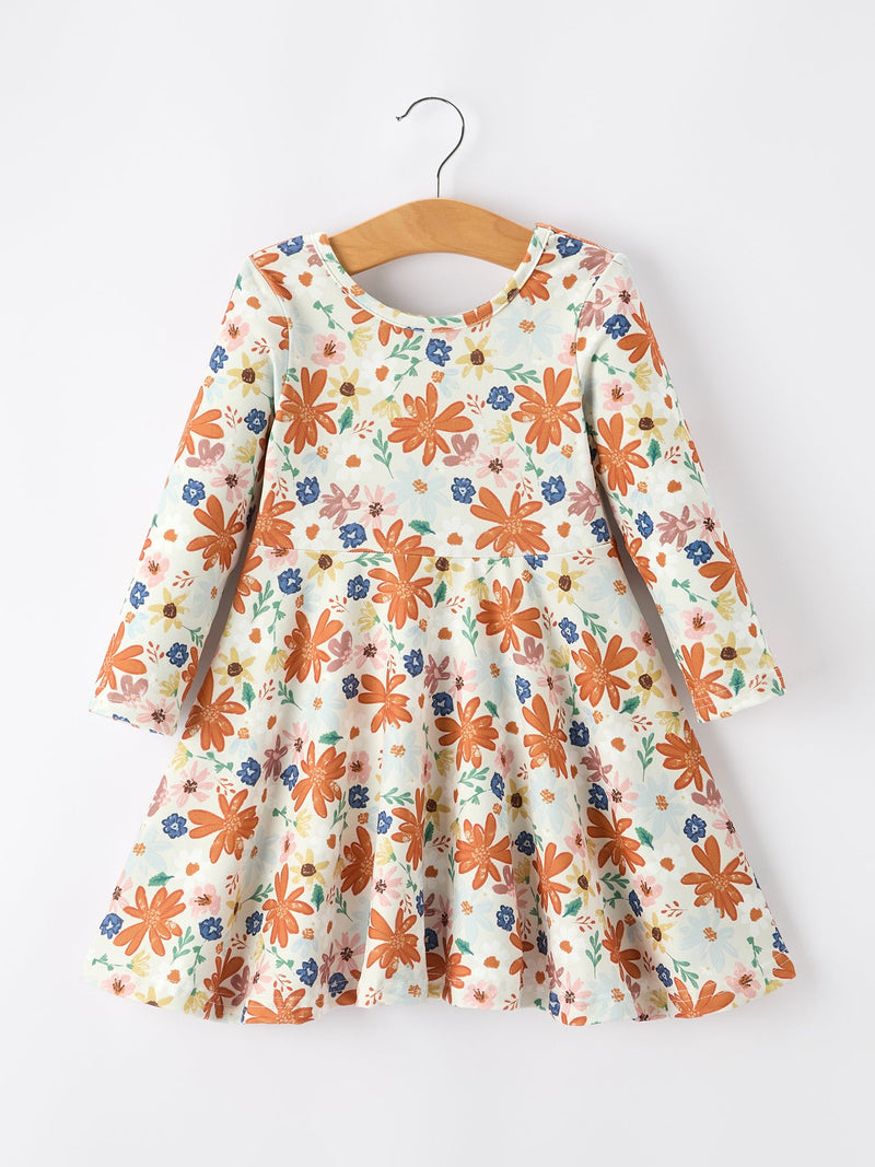 Fall Floral Girls Dress Long Sleeve Twirl Dress - 2