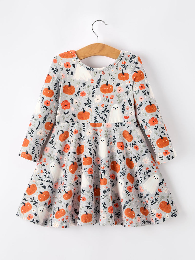 Halloween Pumpkin Ghost Girls Dress Long Sleeve Twirl Dress - 8