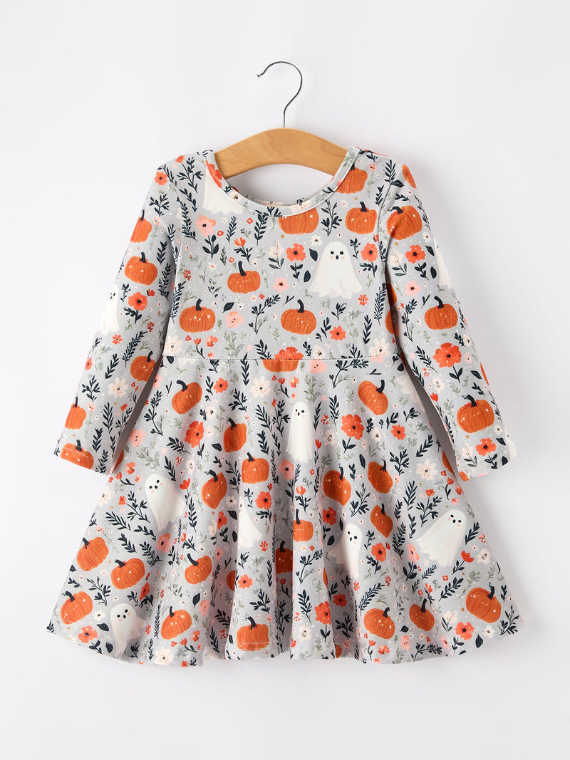 Halloween Pumpkin Ghost Girls Dress Long Sleeve Twirl Dress - 7