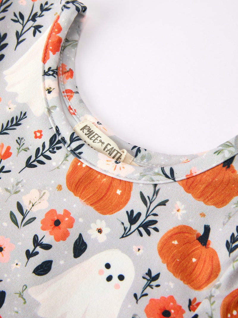 Halloween Pumpkin Ghost Girls Dress Long Sleeve Twirl Dress - 9
