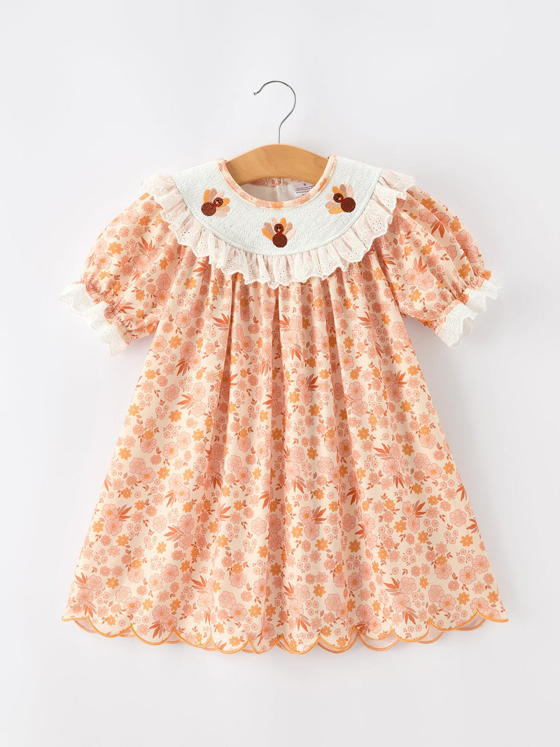 Thanksgiving Turkey Floral Lace Ruffle Girls Dress - 1