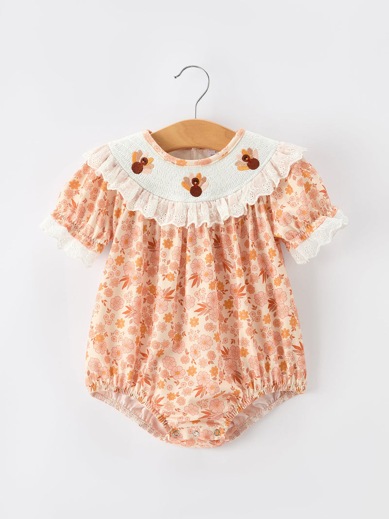 Thanksgiving Turkey Floral Lace Bubble Girls Romper - 1
