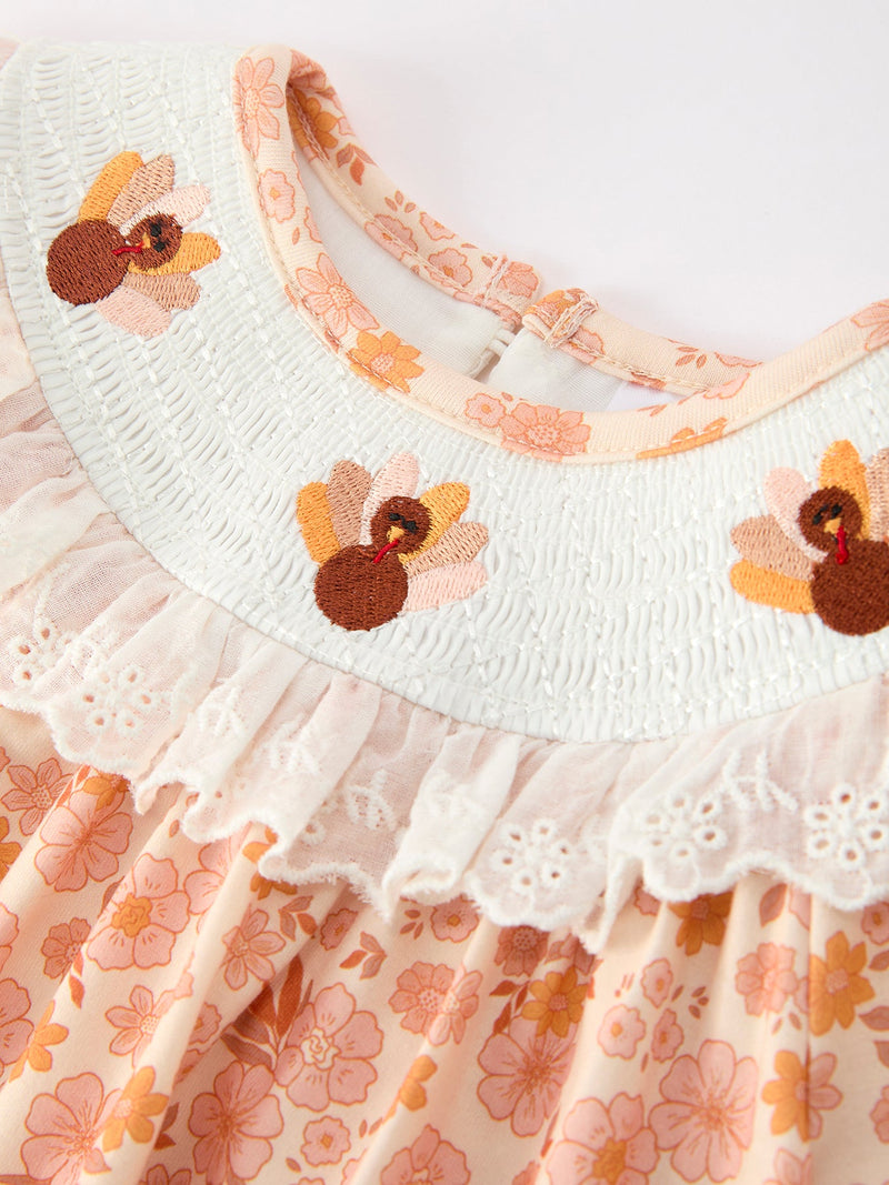 Thanksgiving Turkey Floral Lace Bubble Girls Romper - 3