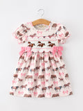 Western Horse Smocked Girls Dress Bow Ruffle Short Sleeve - 1