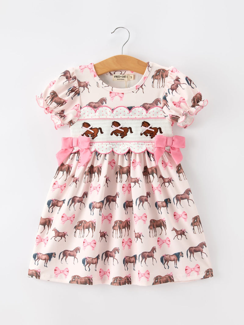 Western Horse Smocked Girls Dress Bow Ruffle Short Sleeve - 1