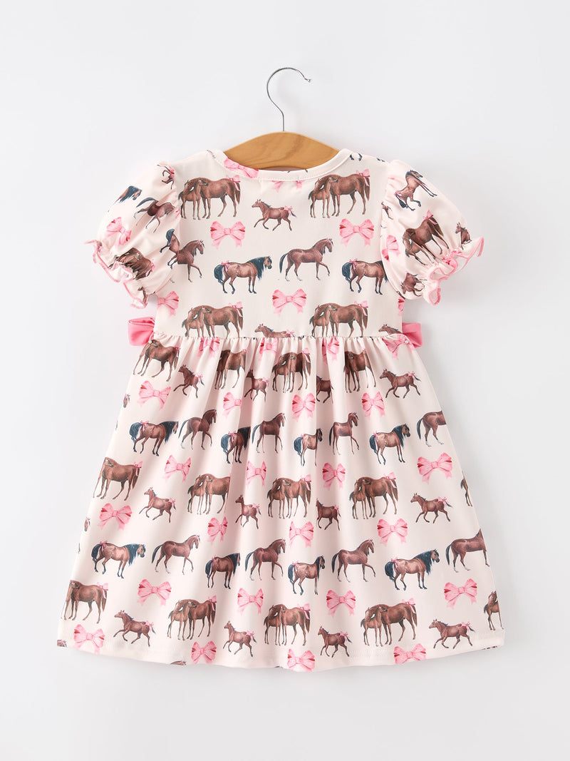 Western Horse Smocked Girls Dress Bow Ruffle Short Sleeve - 2