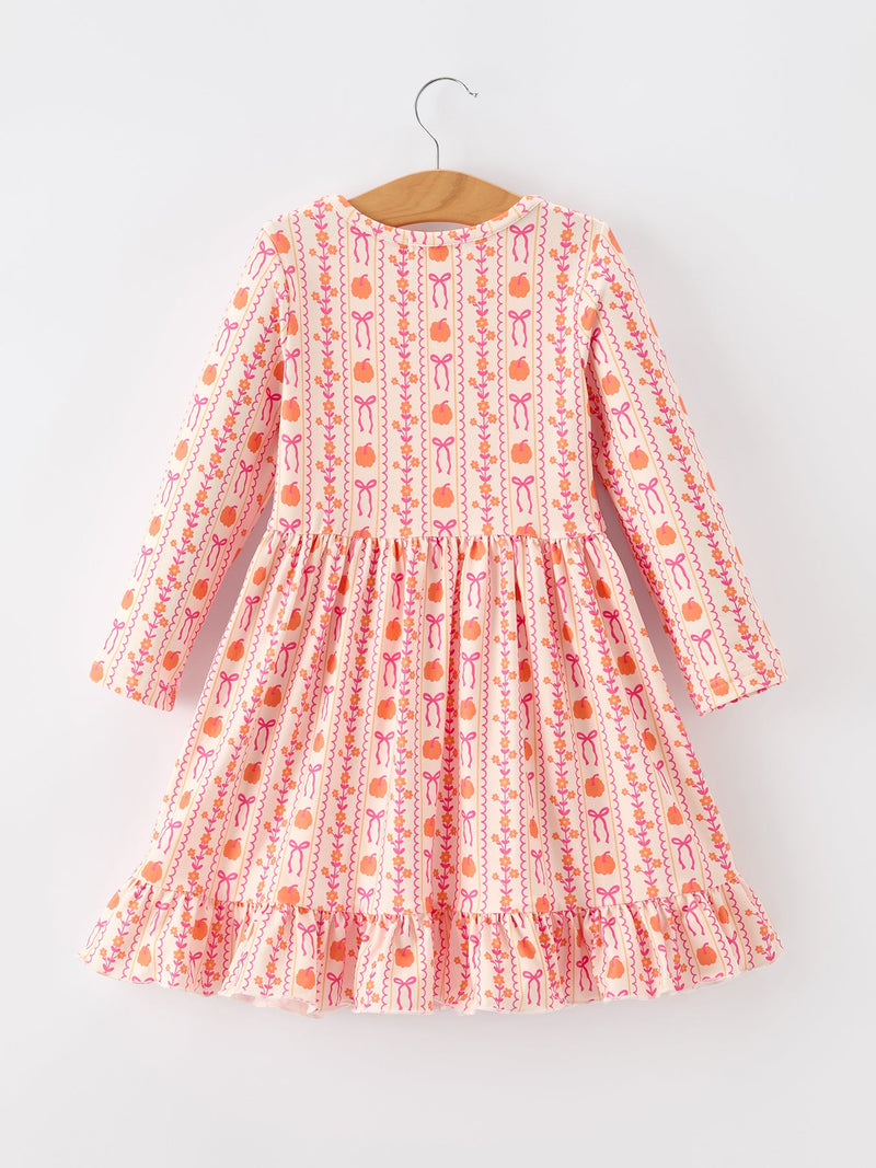 Halloween Thanksgiving Pumpkin Bow Pocket Girls Dress - 2