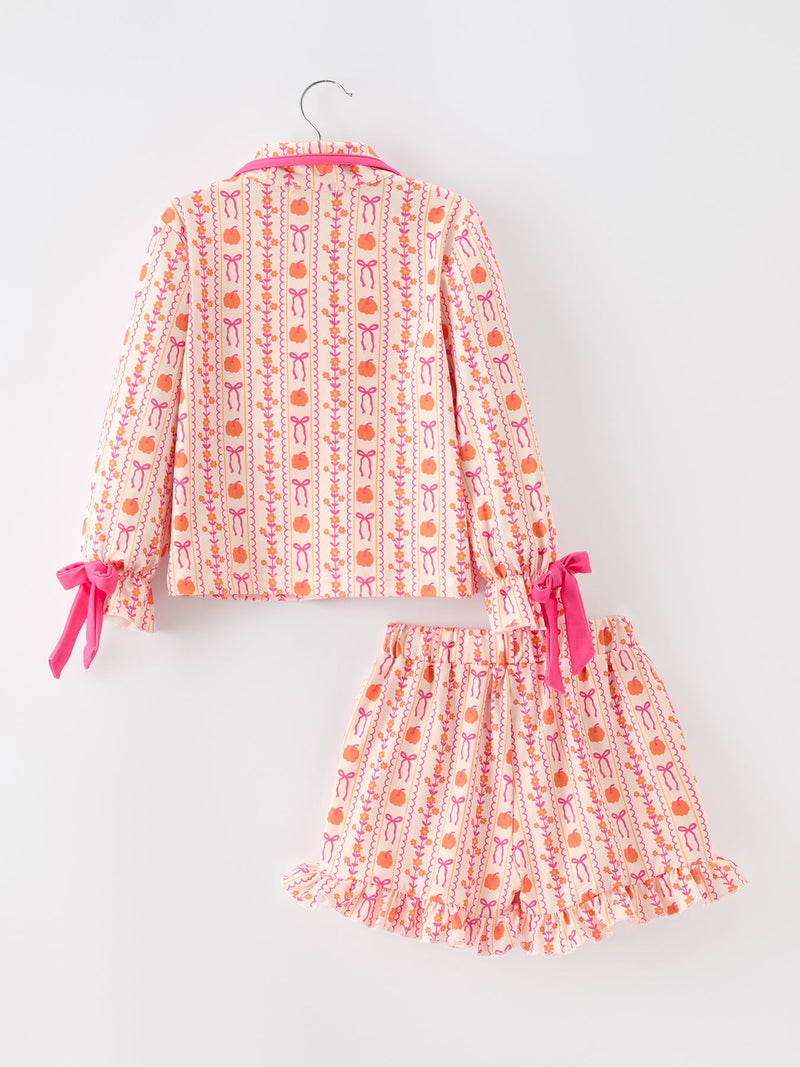 Halloween Thanksgiving Pumpkin Bow Girls Pajama Set - 8