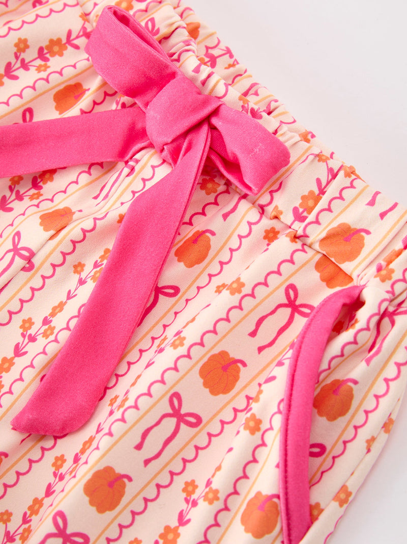 Halloween Thanksgiving Pumpkin Bow Girls Pajama Set - 10
