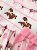 Western Horse Smocked Girls Dress Bow Ruffle Short Sleeve - 4
