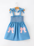 Summer Bow Girls Dress Smocked Strap Dress Bow Applique - 1