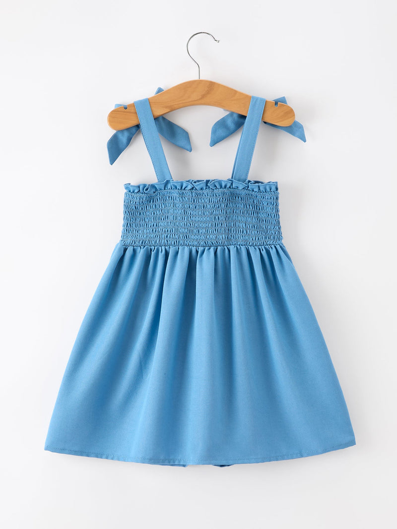 Summer Bow Girls Dress Smocked Strap Dress Bow Applique - 2