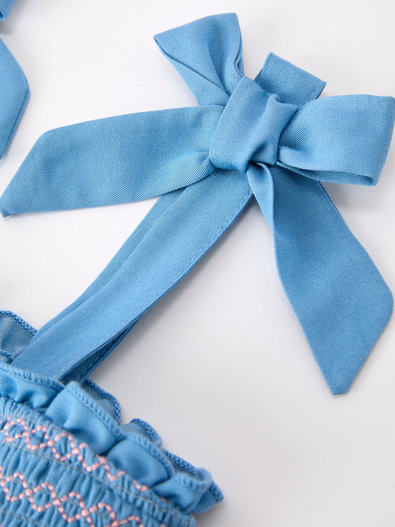 Summer Bow Girls Dress Smocked Strap Dress Bow Applique - 3