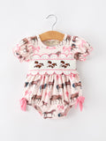 Western Horse Smocked Girls Romper Bow Ruffle Short Sleeve - 1