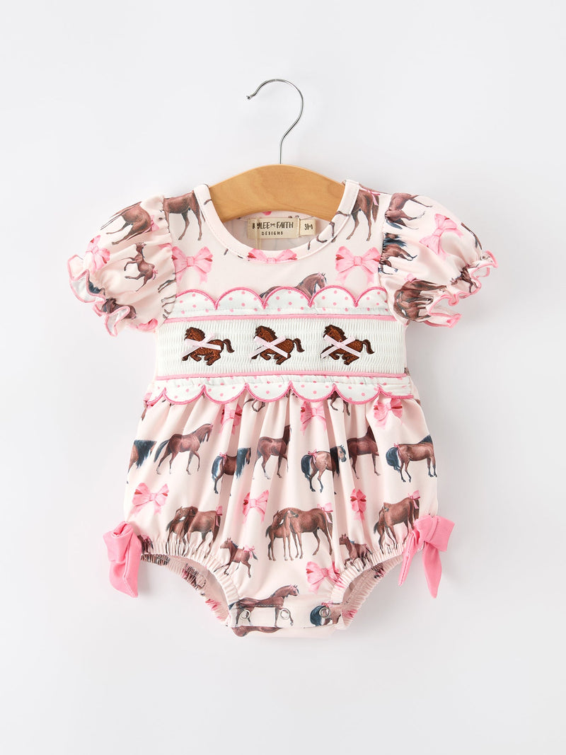 Western Horse Smocked Girls Romper Bow Ruffle Short Sleeve - 1