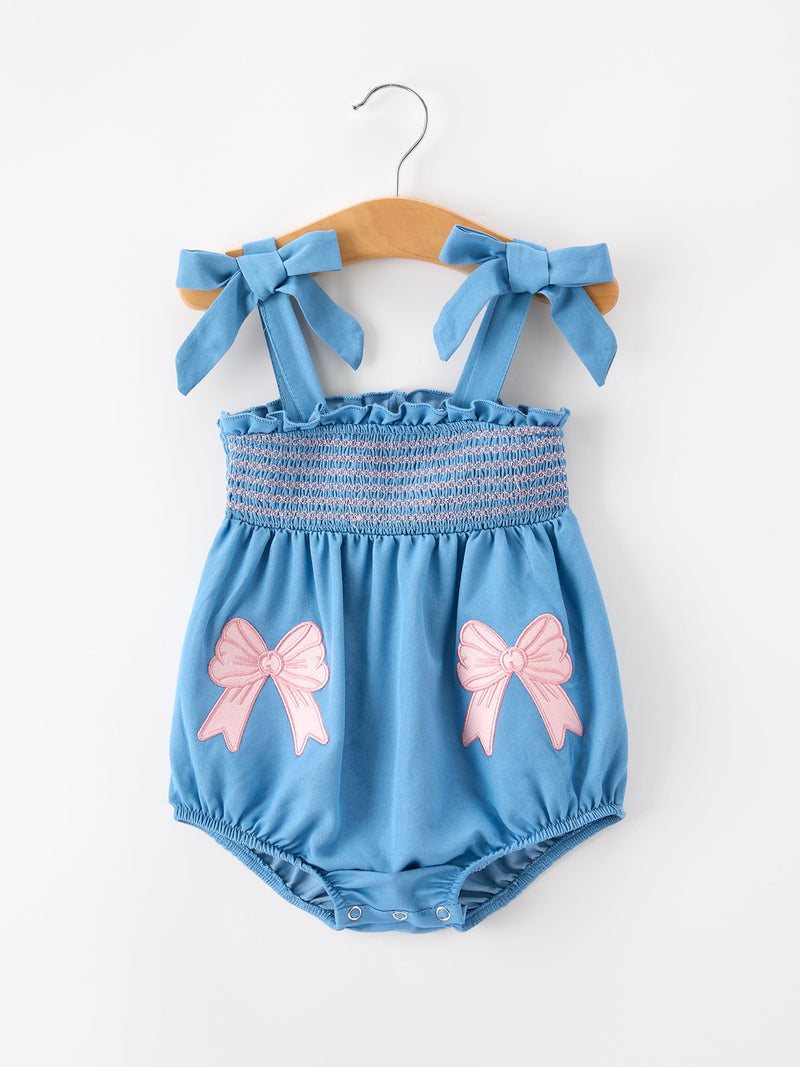 Summer Bow Baby Romper Smocked Strap Bubble Bow Applique - 1