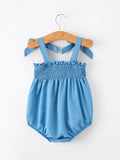 Summer Bow Baby Romper Smocked Strap Bubble Bow Applique - 2