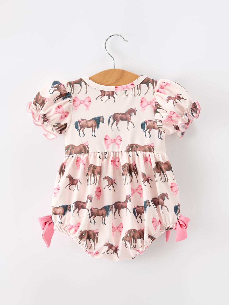 Western Horse Smocked Girls Romper Bow Ruffle Short Sleeve - 2