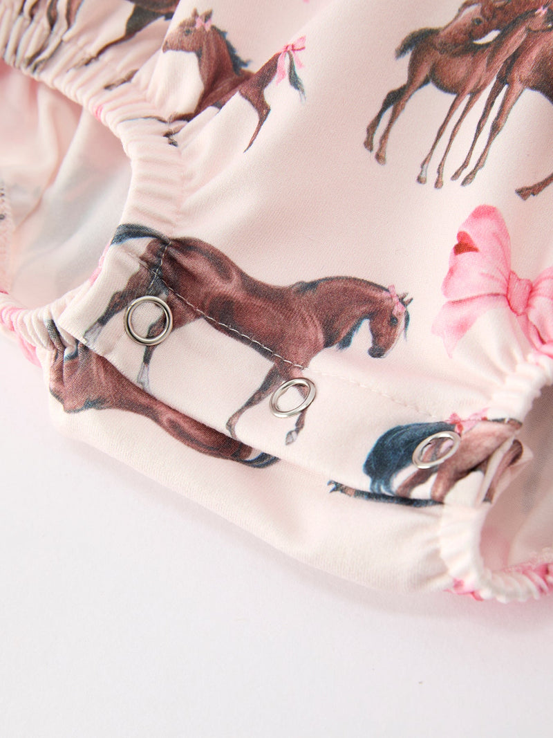 Western Horse Smocked Girls Romper Bow Ruffle Short Sleeve - 5