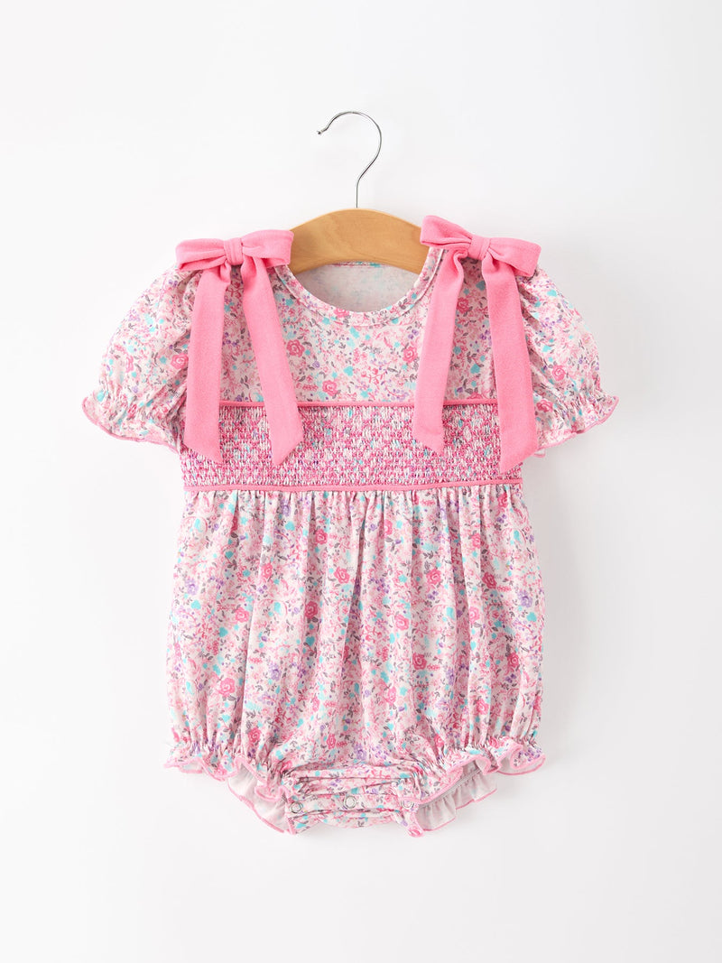 Pink Bow Smocked Floral Baby Bubble - 1