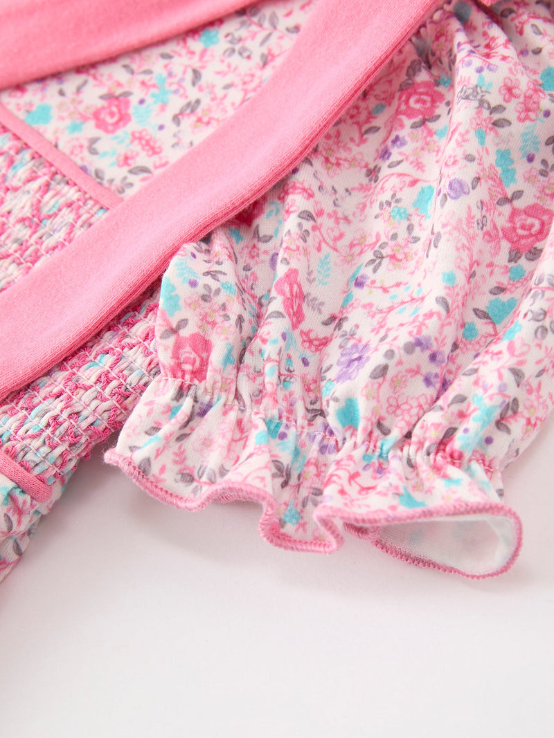 Pink Bow Smocked Floral Girl Dress - 3
