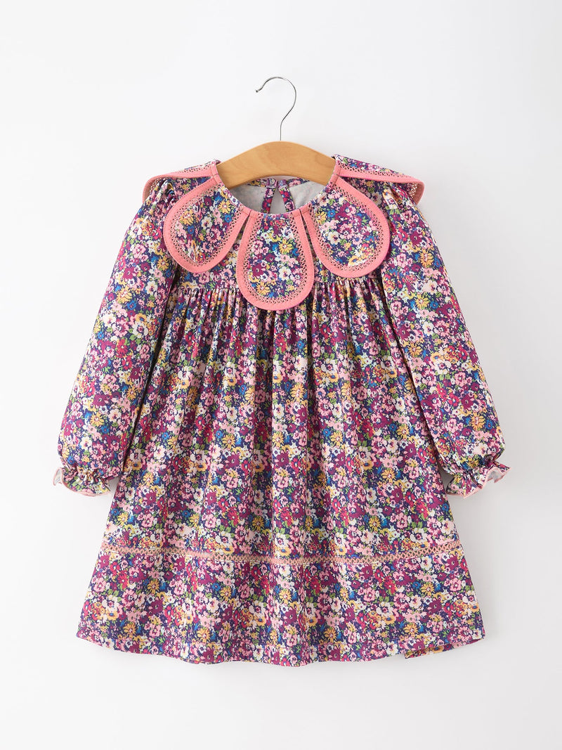 Pink Floral Petals Collar Girl Dress - 1