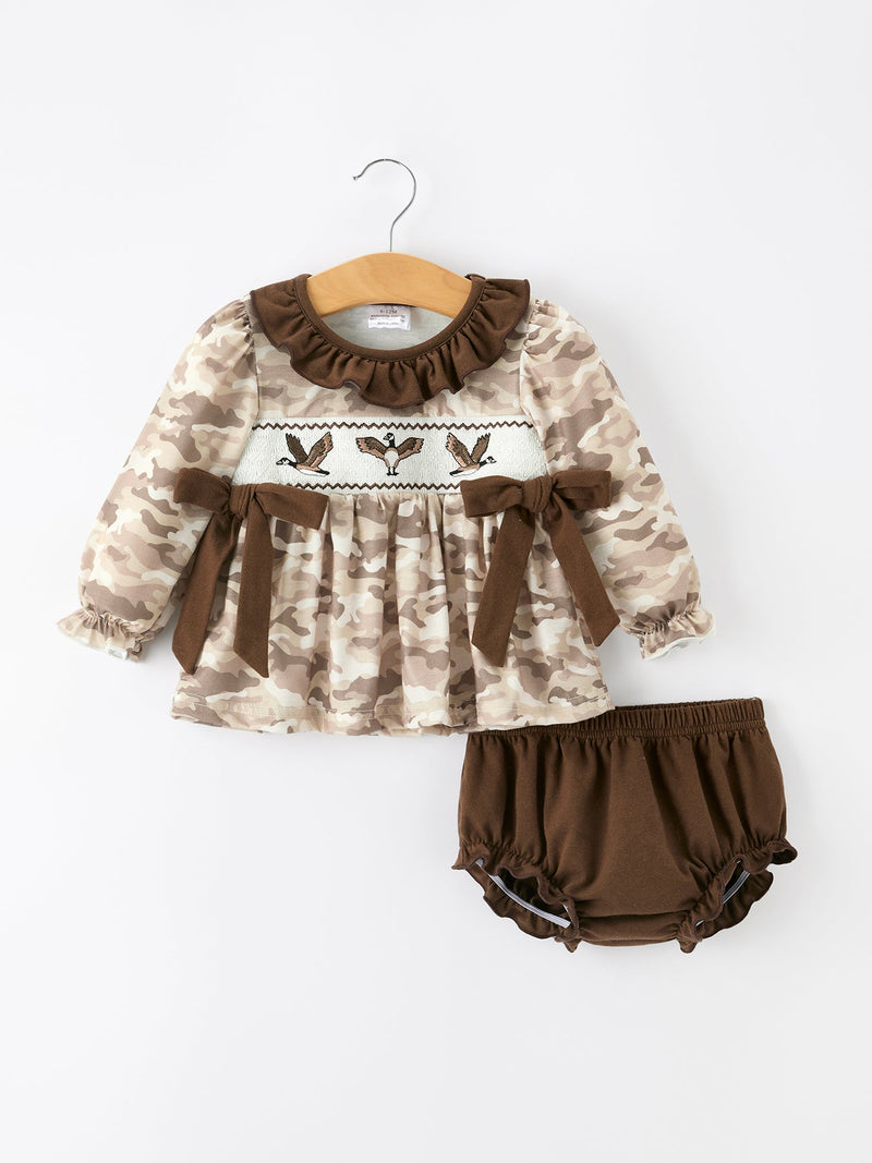 Duck Smocked Camo Baby Bloomer Set Bow Detail - 1