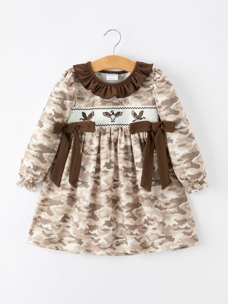 Duck Smocked Camo Girl Dress Bow Detail - 1