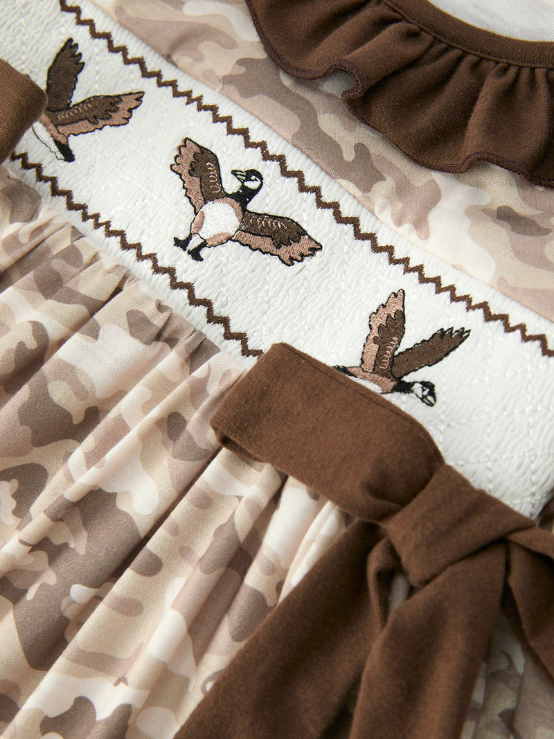 Duck Smocked Camo Girl Dress Bow Detail - 4