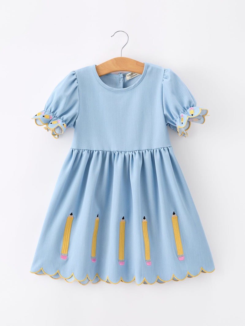 Back to School Pencil Applique Girl Dress Scallop Hem - 1