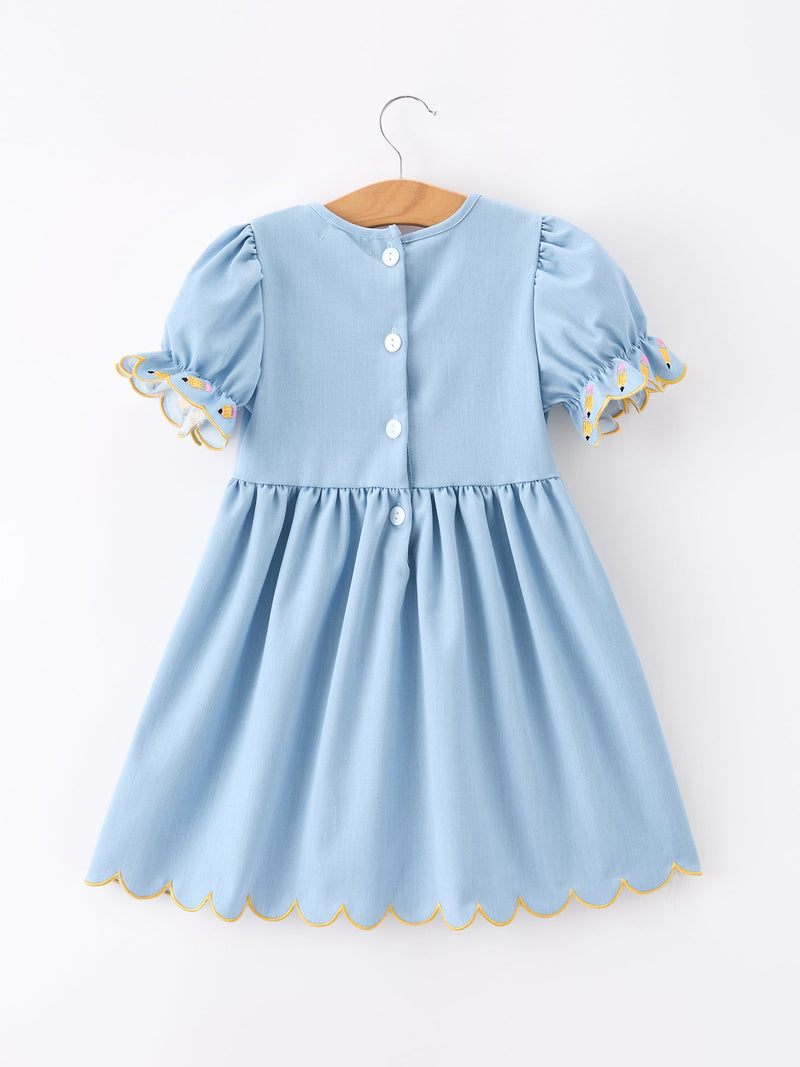 Back to School Pencil Applique Girl Dress Scallop Hem - 2