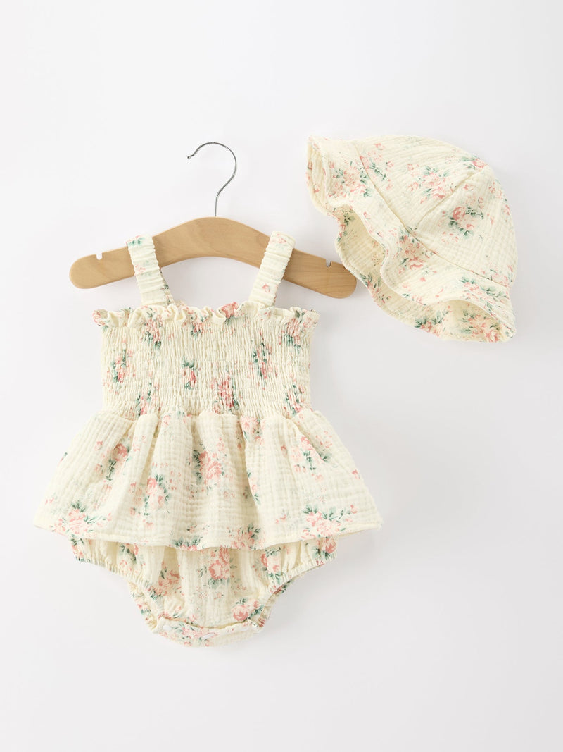 Muslin Summer Floral Print Smocked Baby Girl Romper Set Hat - 1