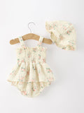 Muslin Summer Floral Print Smocked Baby Girl Romper Set Hat - 2