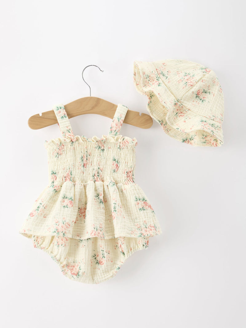 Muslin Summer Floral Print Smocked Baby Girl Romper Set Hat - 2