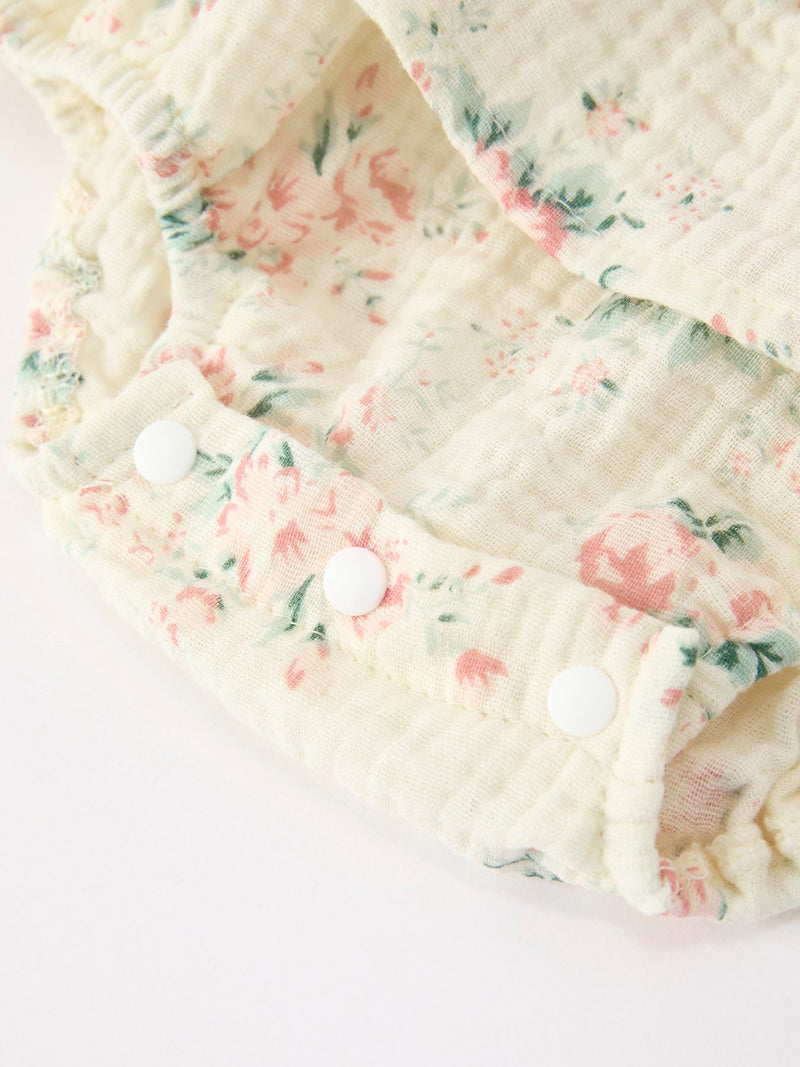 Muslin Summer Floral Print Smocked Baby Girl Romper Set Hat - 4