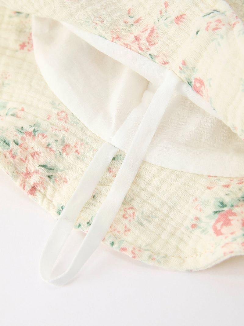 Muslin Summer Floral Print Smocked Baby Girl Romper Set Hat - 5