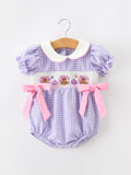 Thanksgiving Turkey Smocked Plaid Bow Girls Bubble Romper - 1