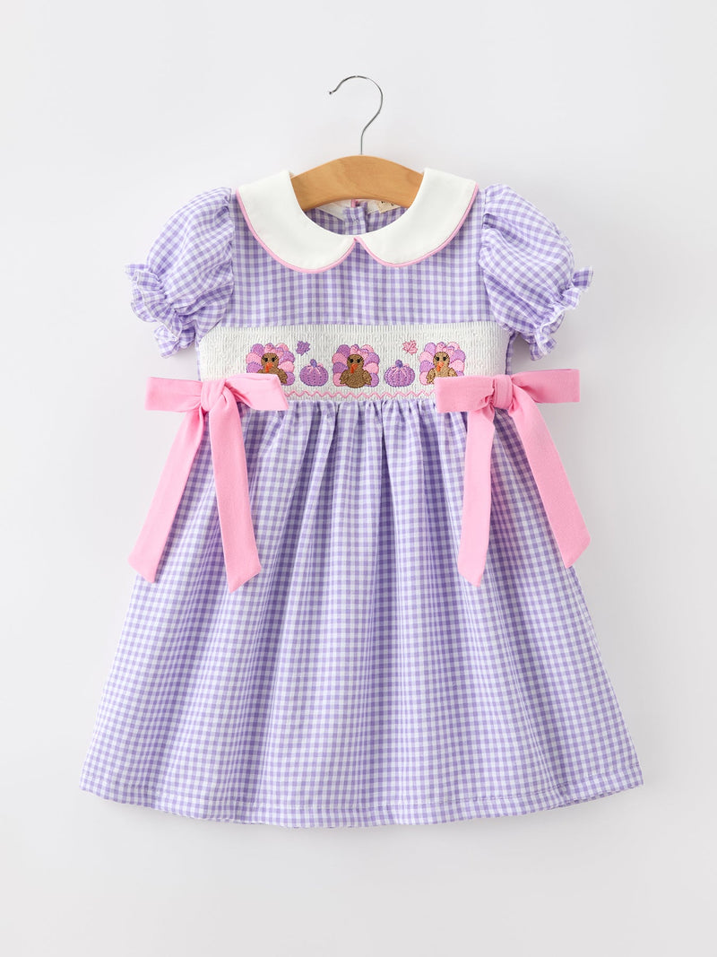 Thanksgiving Turkey Smocked Plaid Bow Girls Dress - 1