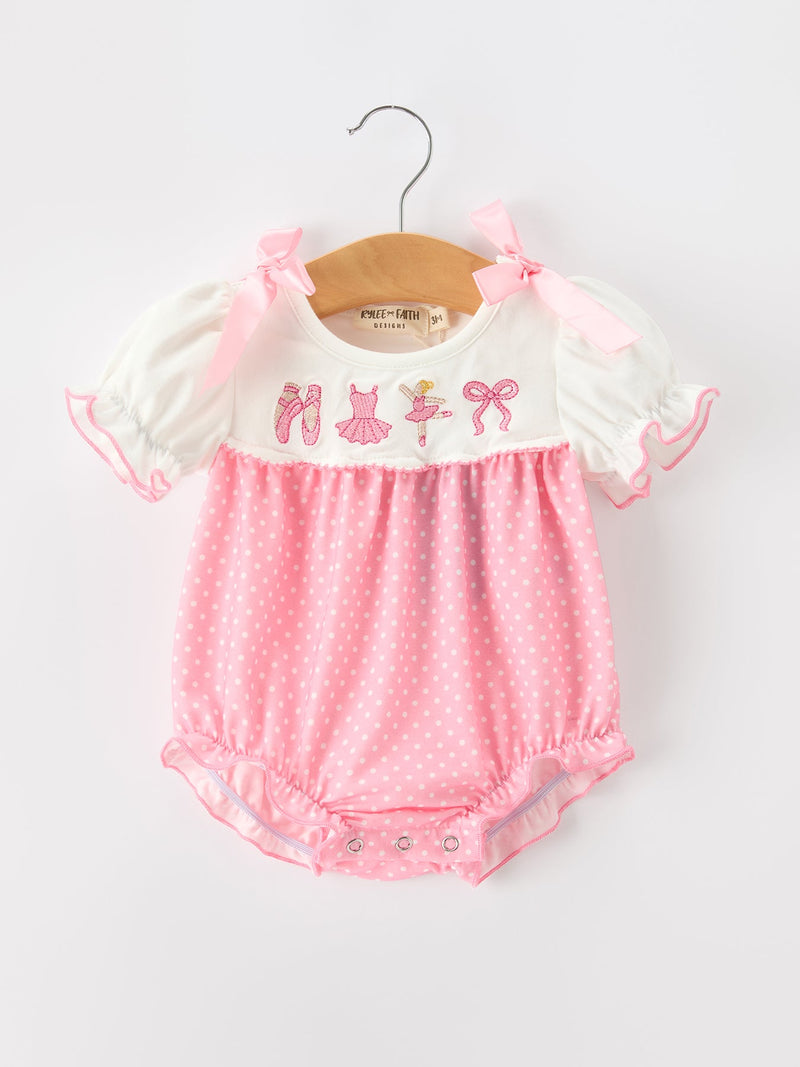 Pink Ballet Embroidery Bow Bubble Romper - 9